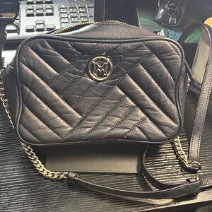 Metrocity Black Quilted Crossbody Bag with Gold Chain